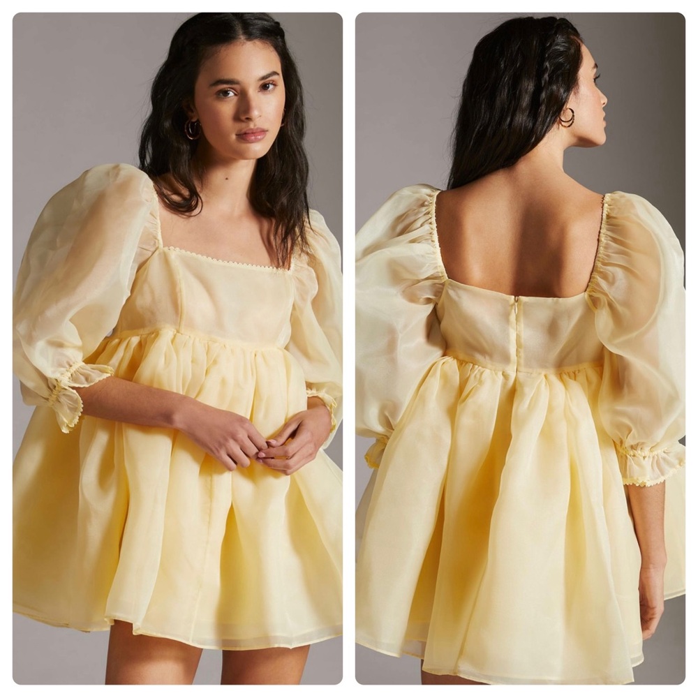 Selkie Dress Puffed-Sleeve Square-Neck Mini Yellow Size XS NWT